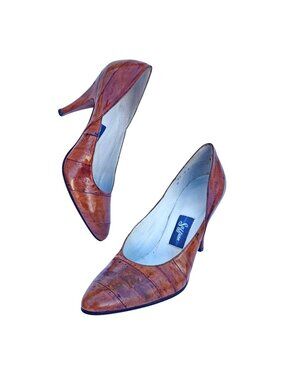 Vintage 80s Womens Honey Brown Eel Skin Leather Pointed Toe Pumps Size 7  7.5